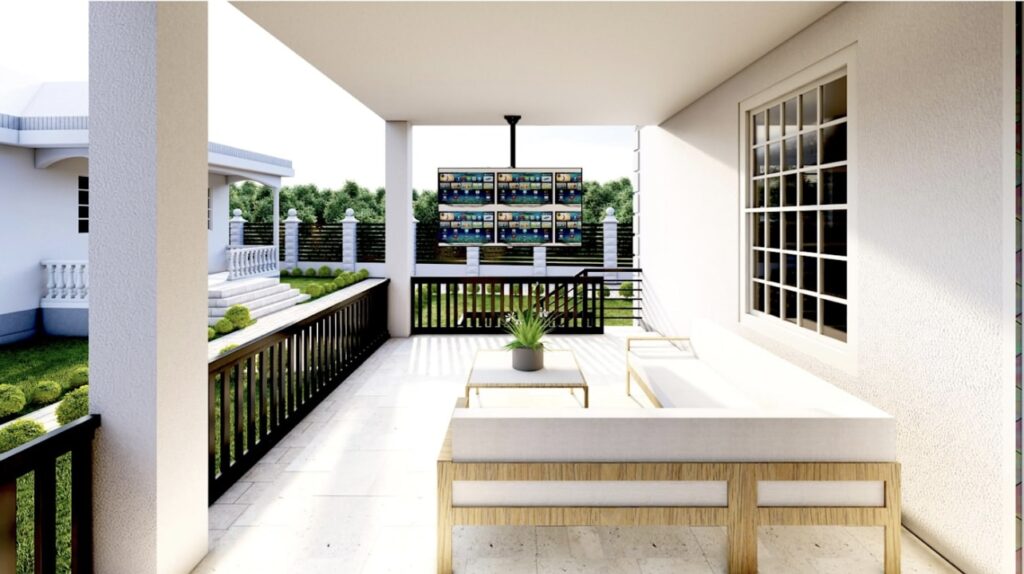 Covered modern patio with seating and outdoor TV