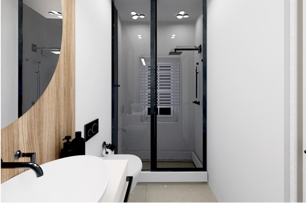 Modern bathroom with black-framed glass shower