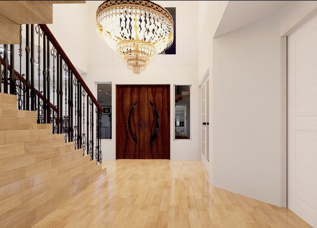 Foyer with chandelier, staircase, wooden double doors