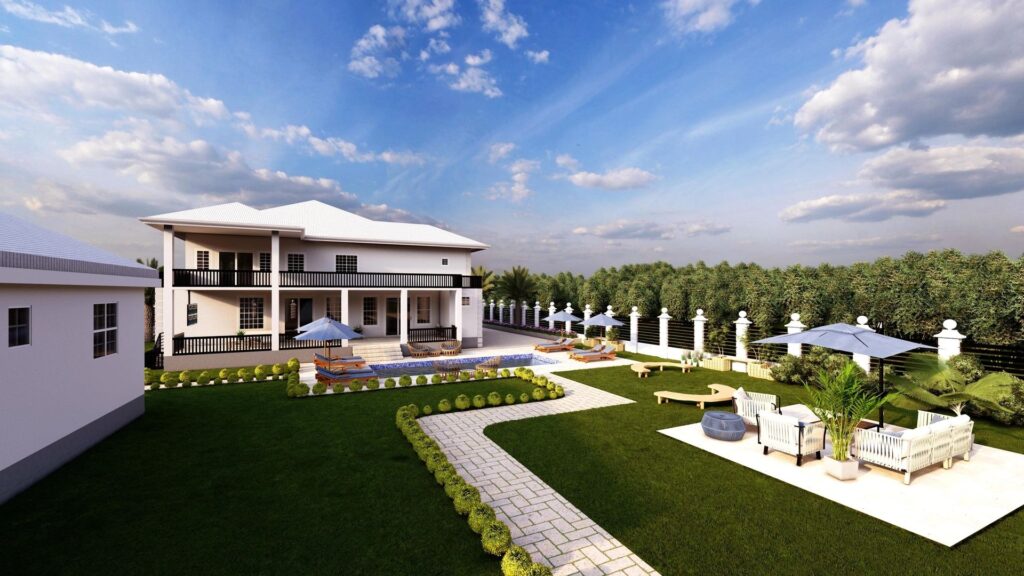 Modern two-story house with pool and patio