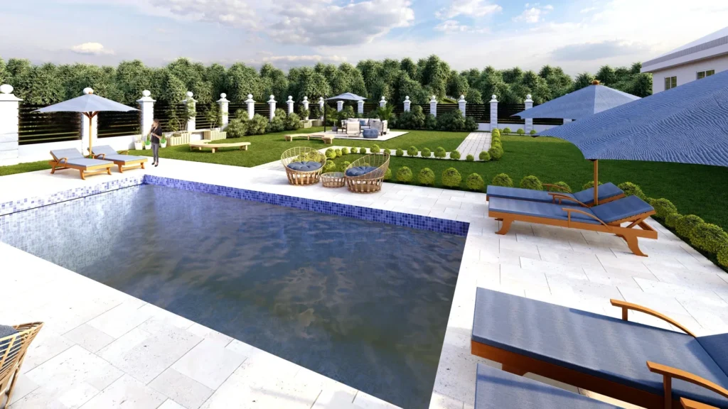 Luxury backyard pool with sun loungers
