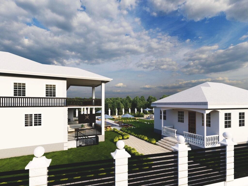 Two white houses beside landscaped courtyard and pool